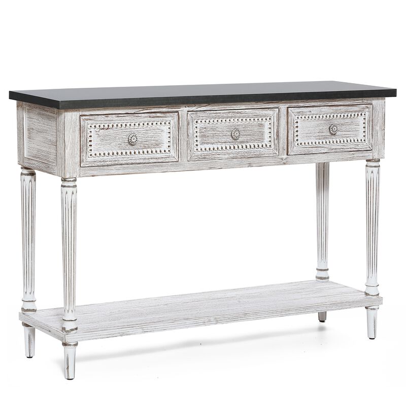 LuxenHome Distressed White Wood and Metal 3-Drawer 1-Shelf Console and Entry Table