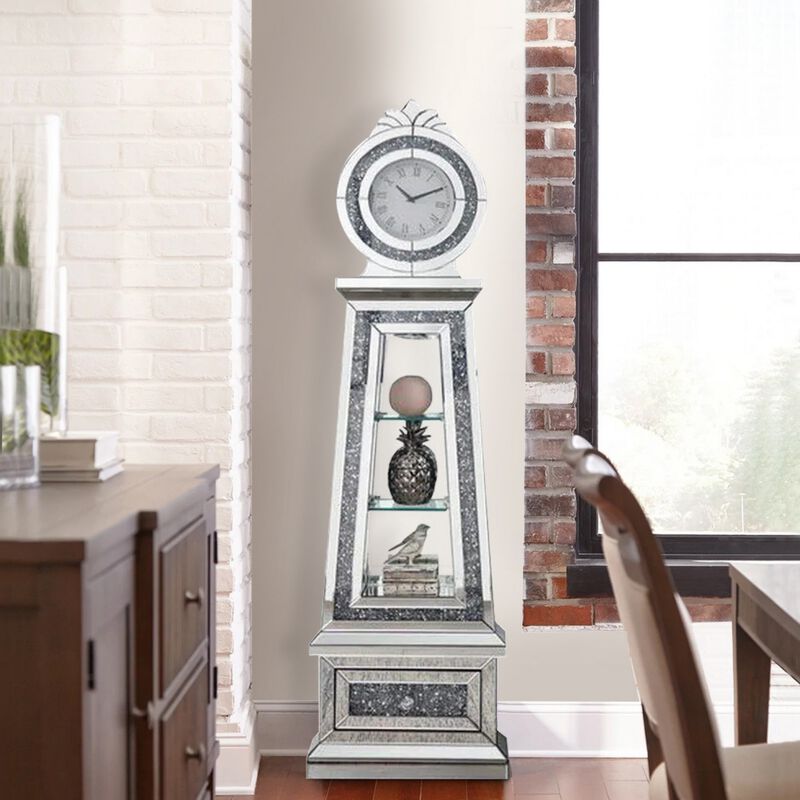 Mirrored Grandfather Clock with 3 Open Compartments, Silver-Benzara