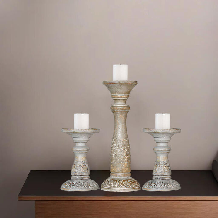 Traditional Gray Wash Eco-friendly Handmade Mango Wood Set Of Three 6",12" & 6" Pillar Candle Holder BBH Homes