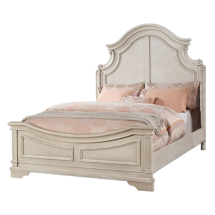 Bev Classic Queen Size Bed with Scalloped and Trimmed Design, Cream White - Benzara