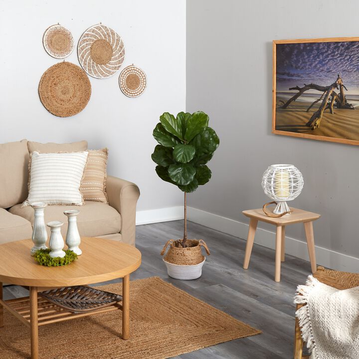 Hivvago 4 Feet Fiddle Leaf Artificial Tree in Boho Chic Handmade Cotton & Jute White Woven Planter UV Resistant (Indoor/Outdoor)