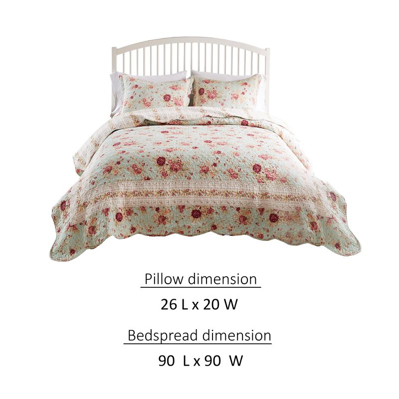 Rosle 3pc Full/Queen Size Bedspread Set, 2 Shams, Rose Print, Blue Cotton