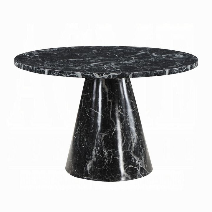 Olivia Dining Table, Pedestal Base, 48 Inch Round Black Faux Stone Top - Benzara