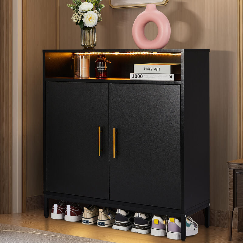 Freestanding Shoe Cabinet with Double Doors, 6 Tiers & Built-in LED Lights for Entryway Storage