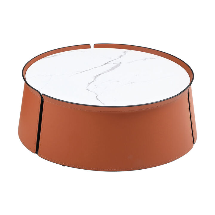 31.5" Coffee Table, Marble Top+Orange Saddle Leather Body+Iron Frame
