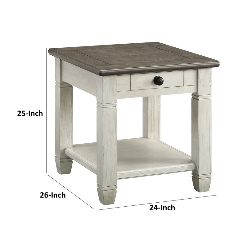 Rome 26 Inch Side End Table, Square, 1 Drawer, Brown, White, Solid Wood - Benzara