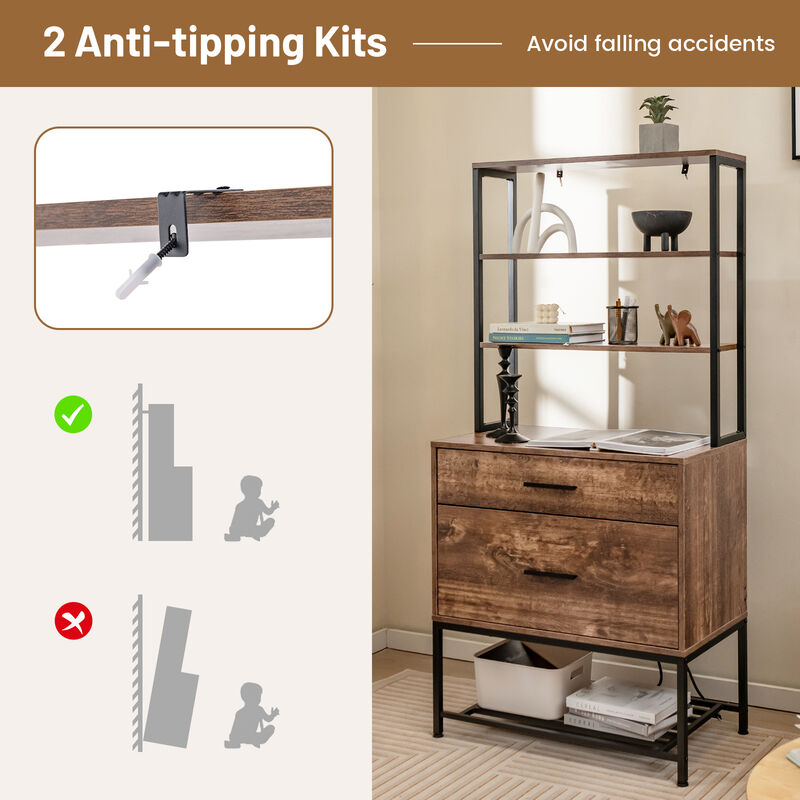 Freestanding File Cabinet with Charging Station and 3-Tier Open Shelves