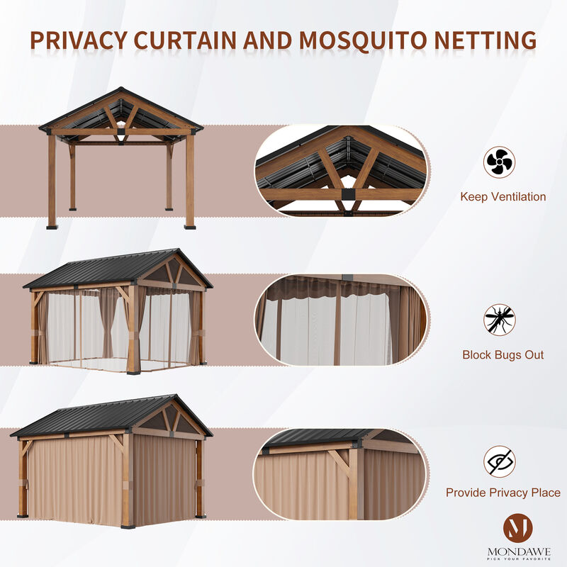 MONDAWE 13 ft. x 11 ft. Patio Hardtop Gazebo Gable Roof  Aluminium Frame Galvanized Steel Top with Curtain and Netting