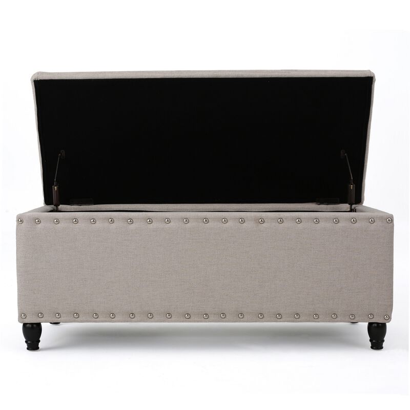 Sharon Storage Ottoman Bench, Beige Fabric, Nailhead Trim, 42 Inch -Benzara