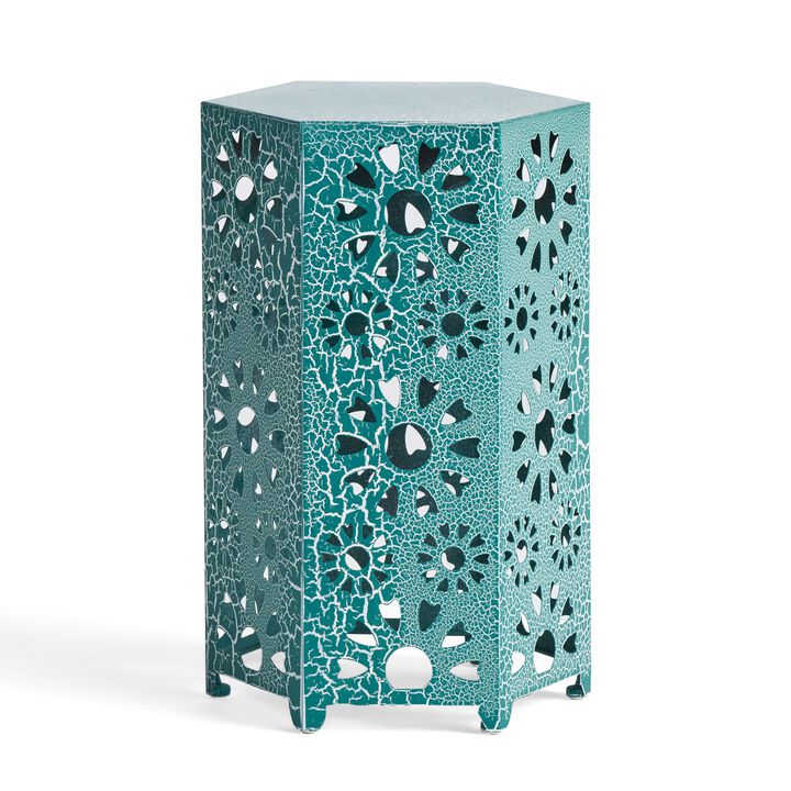 Liana Outdoor Side Table, Hexagonal 14 Inch, Sunburst Cut Out, Teal - Benzara