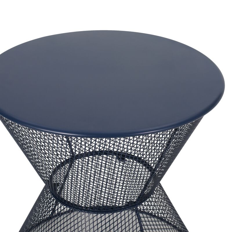 Nian Side Table, Round Top, Hourglass, Outdoor Navy Blue Iron, 18 Inch