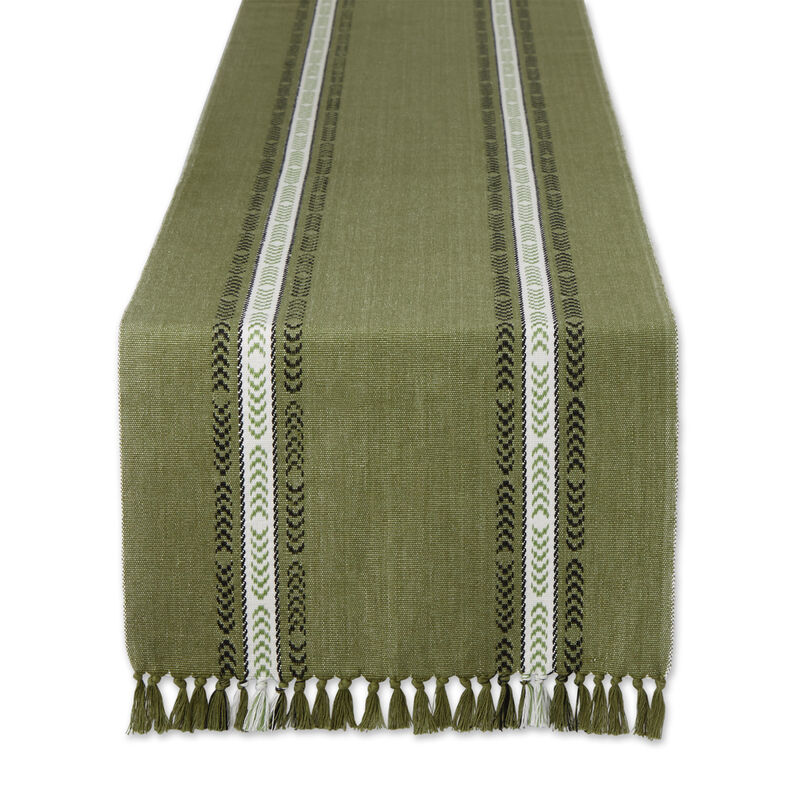 108" Olive Green Striped Fringe Ribbed Table Runner