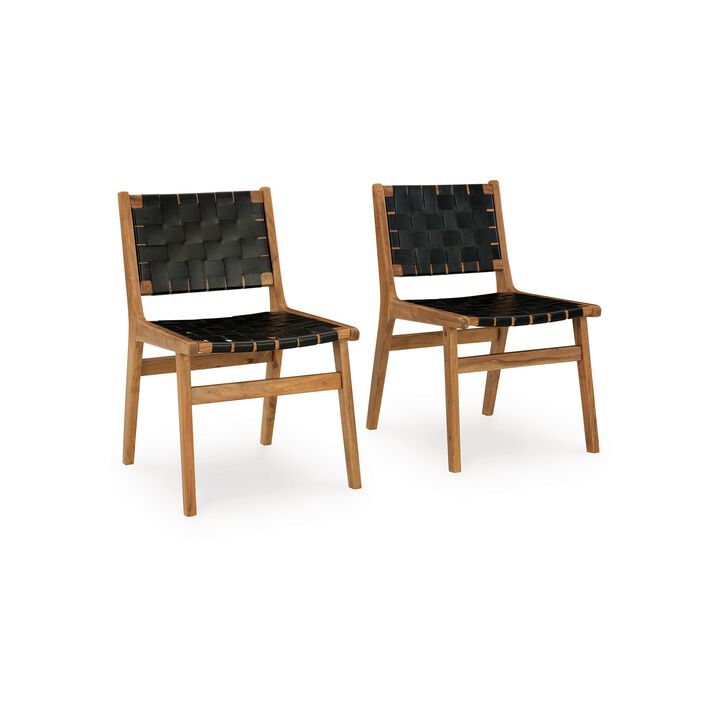Dinno Dining Side Chair Set of 2, Brown Wood, Black Woven Leather Seat - Benzara