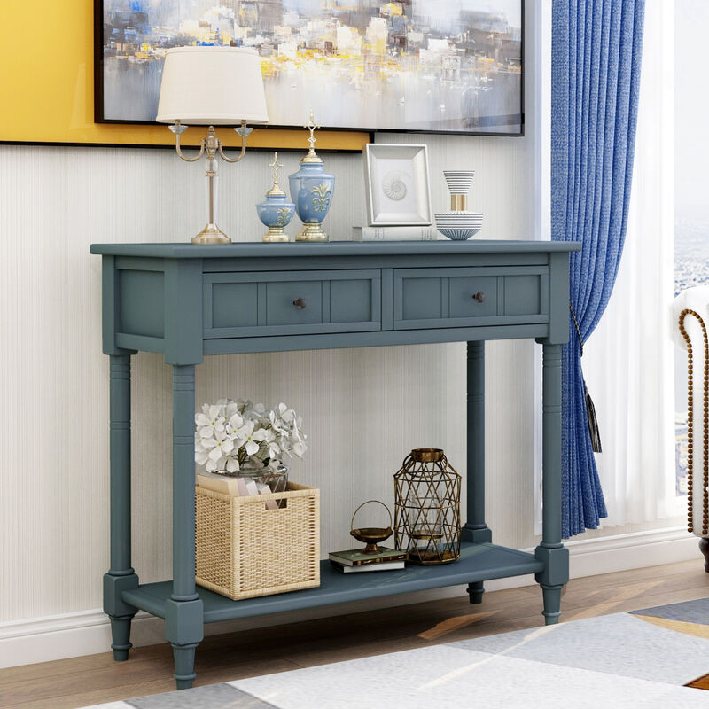Daisy Series Console Table Traditional Design with Two Drawers and Bottom Shelf (Navy)