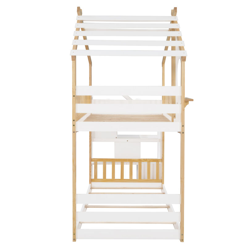 Stairway Twin-Over-Twin Bunk Bed, House Bed, Storage And Guard Rail, Natural Bed + Stair