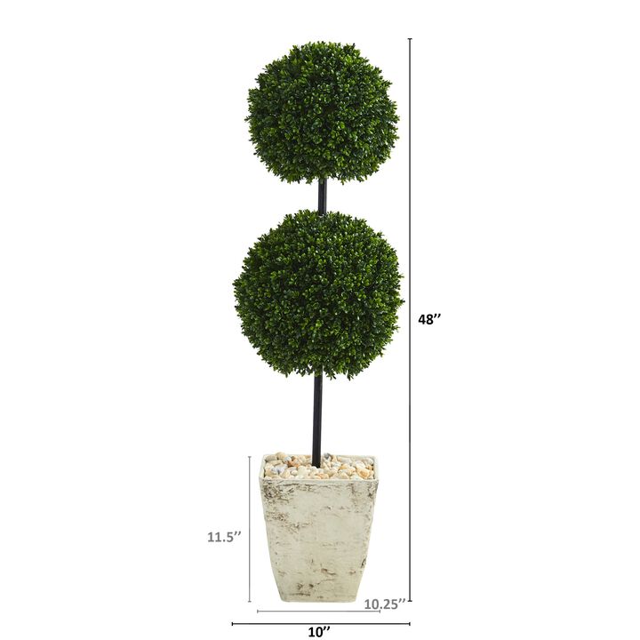 Hivvago 4 Feet Boxwood Double Ball Artificial Topiary Tree in Country White Planter UV Resistant (Indoor/Outdoor)