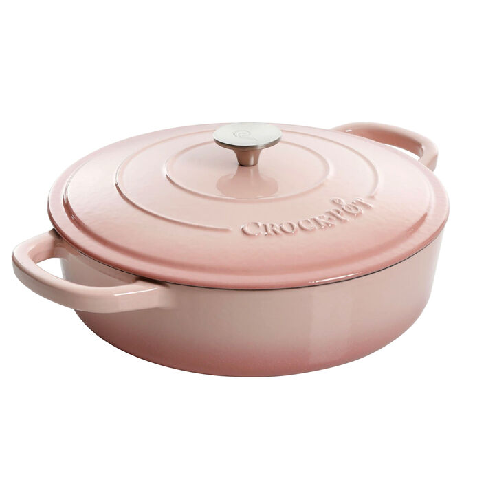 Crock Pot Artisan 5 Quart Round Enameled Cast Iron Braiser Pan with Self Basting Lid in Blush Pink