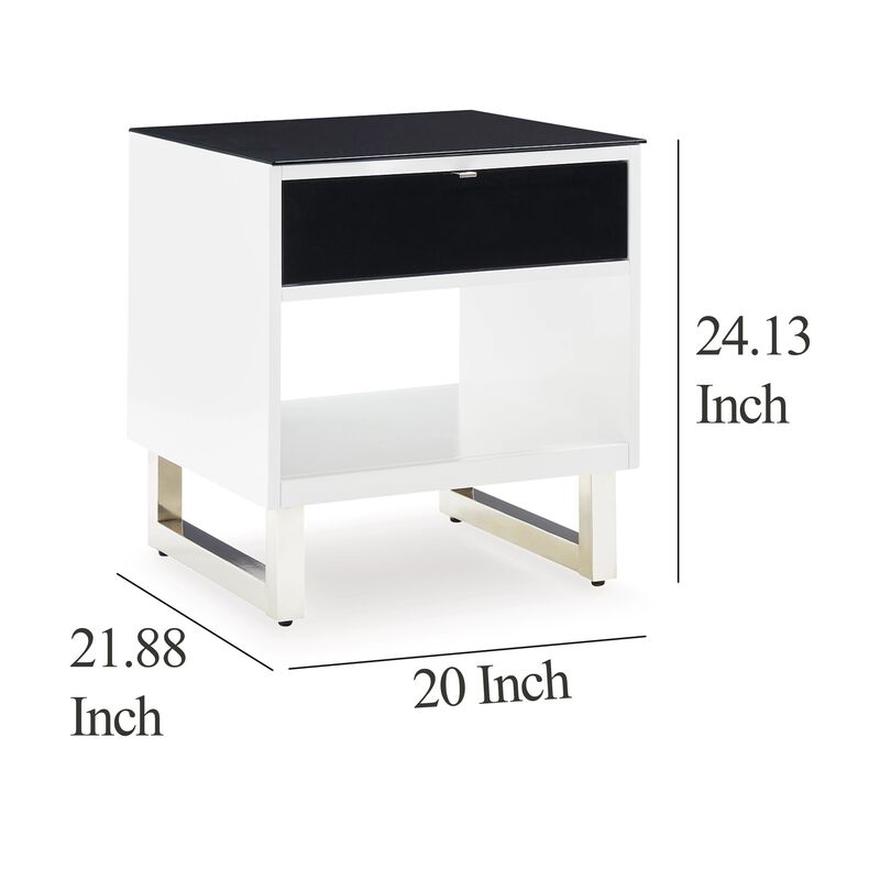 Tonny Side End Table, Drawer and Shelf, Black Glass, White, 22 Inch - Benzara
