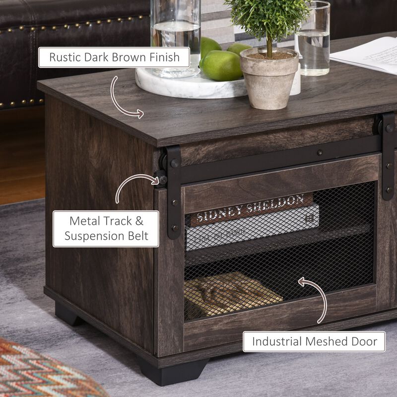 Dark Brown Rustic Table: Farmhouse Coffee Table with Sliding Barn Door