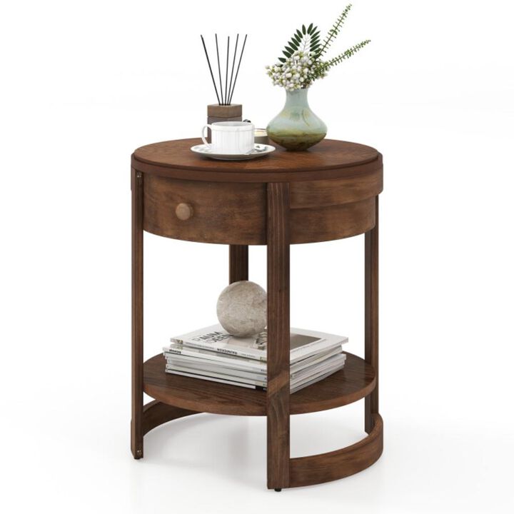 Hivvago 2-Tier Round End Table Mid Century Modern Nightstand with Drawer and Shelf