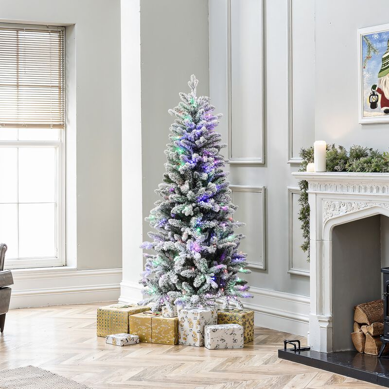 LuxenHome 5Ft Multicolored Pre-Lit Flocked Artificial Tree Potted
