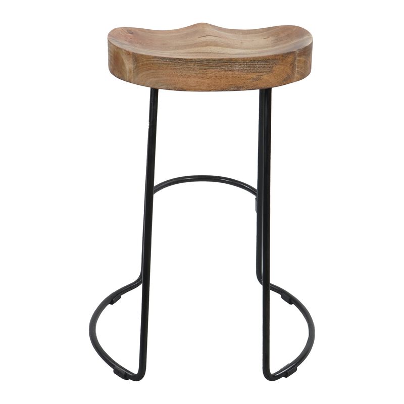 24 Inch Handcrafted Backless Barstool, Natural Brown Mango Wood Thick Saddle Seat, Black Iron Base - Benzara