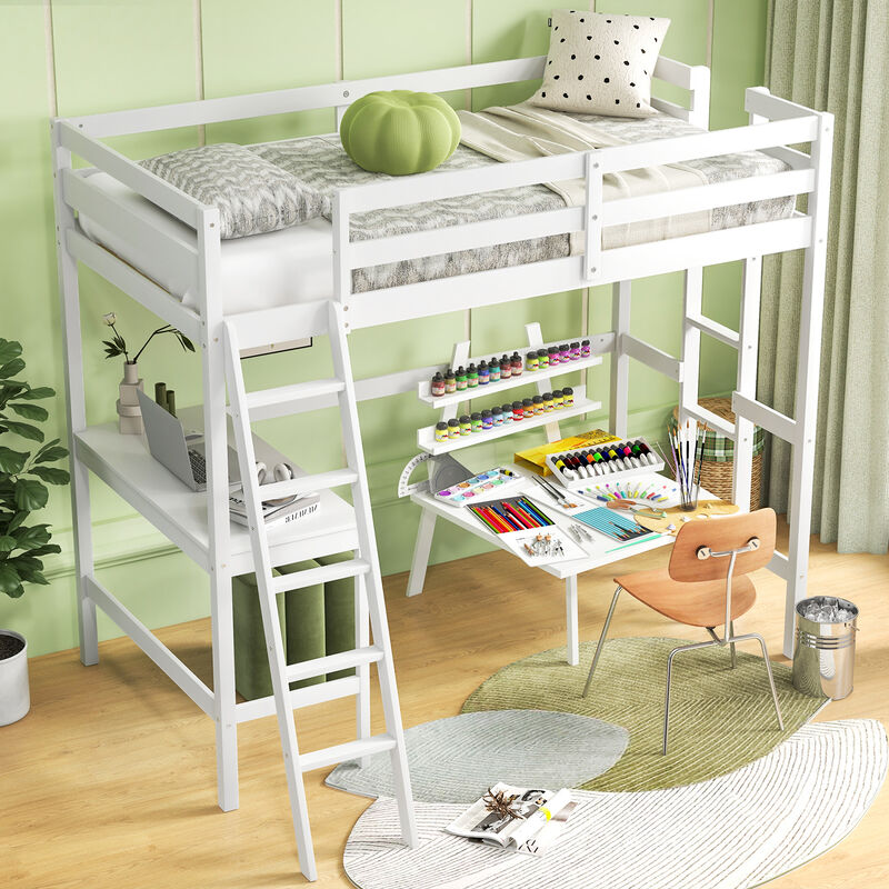 Twin Size Loft Bed Frame with Desk Angled and Built-in Ladder