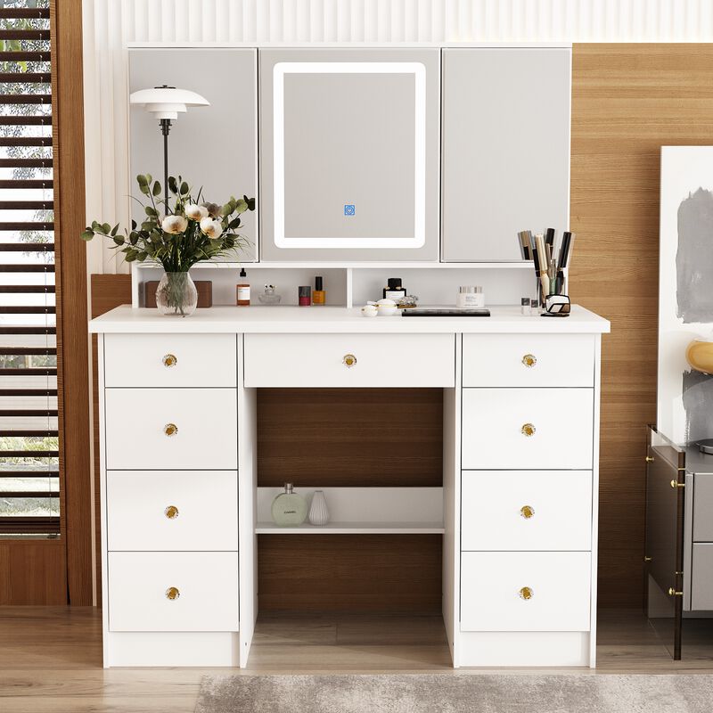 White Modern Makeup Vanity Desk 9 Drawers Wood Dressing Table With 3 Mirrors, Hidden Storage Shelves, LED Lighted