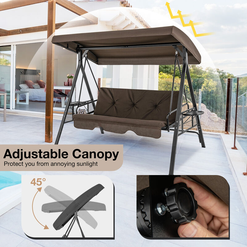 Convertible 3-Seat Patio Porch Swing Chair with Flat Bed and Adjustable Canopy