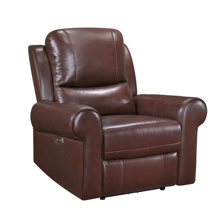 Michael 39 Inch Power Recliner Chair, USB Port, Brown Top Grain Leather - Benzara Michael 39 Inch Power Recliner Chair, USB Port, Brown Top Grain Leather - Benzara