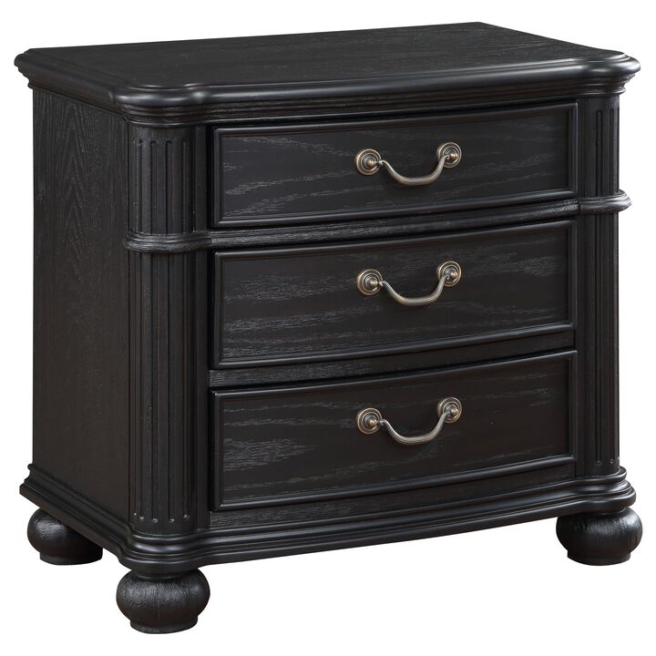Selena Nightstand, 3 Drawers, Metal Handles in Antique Copper Tone, Black - Benzara
