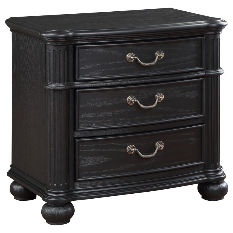 Selena Nightstand, 3 Drawers, Metal Handles in Antique Copper Tone, Black - Benzara