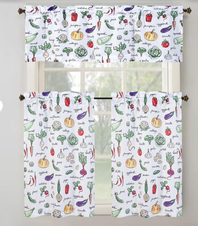 RT Designer's Collection Tribeca Vegetables Printed 3 Pieces Kitchen Curtain Set Includes 1 Valance 52" x 18" and 2 Tiers 26" x 36" Each Multi Color