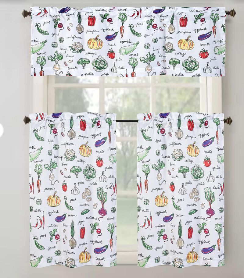 RT Designer's Collection Tribeca Vegetables Printed 3 Pieces Kitchen Curtain Set Includes 1 Valance 52" x 18" and 2 Tiers 26" x 36" Each Multi Color