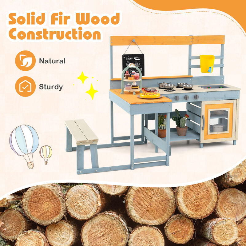 Fir Wood Play Kitchen with Kids Picnic Table and Built-in Bench