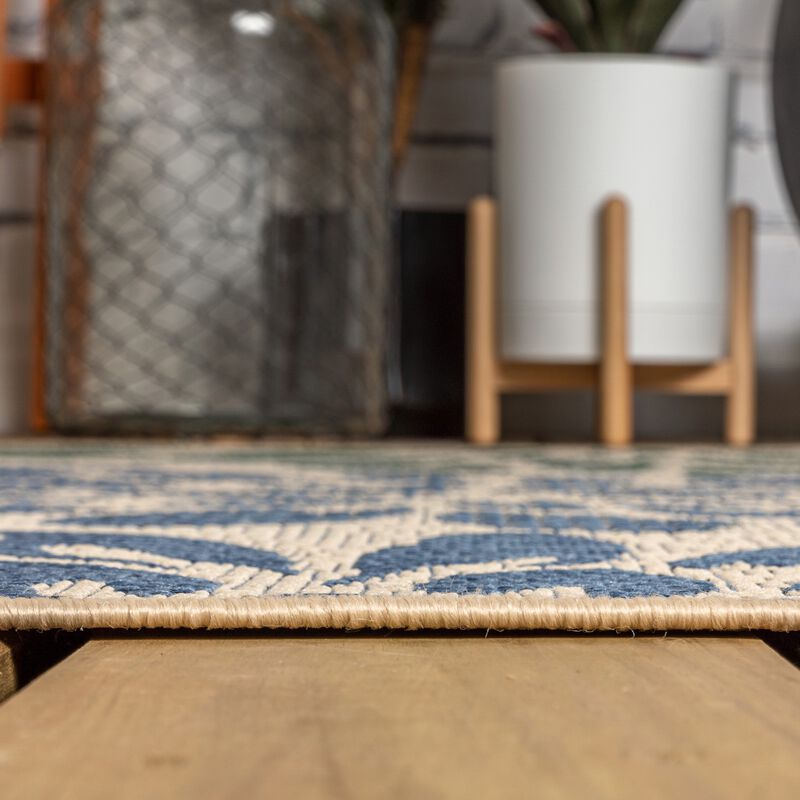 Zinnia Modern Floral Textured Weave Navy/Aqua. Indoor/Outdoor Runner Rug