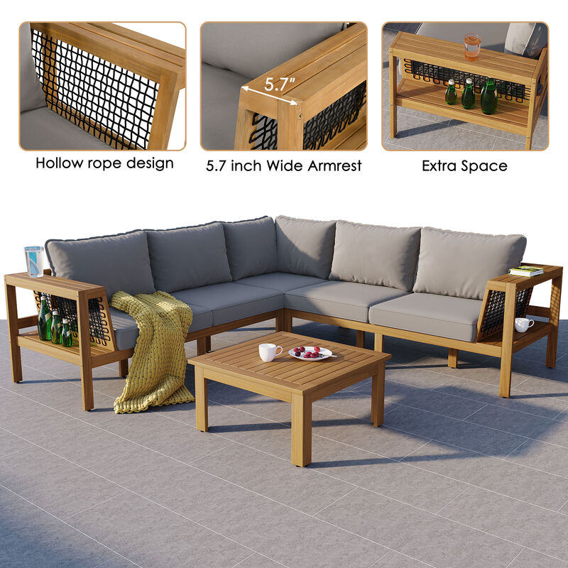 Whisen 4-Piece Acacia Wood Outdoor L-Shaped Sofa Set with Woven Mesh Armrests and Coffee Table