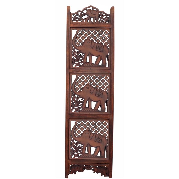 Hand Carved Elephant Design Foldable 4 Panel Wooden Room Divider, Brown-Benzara