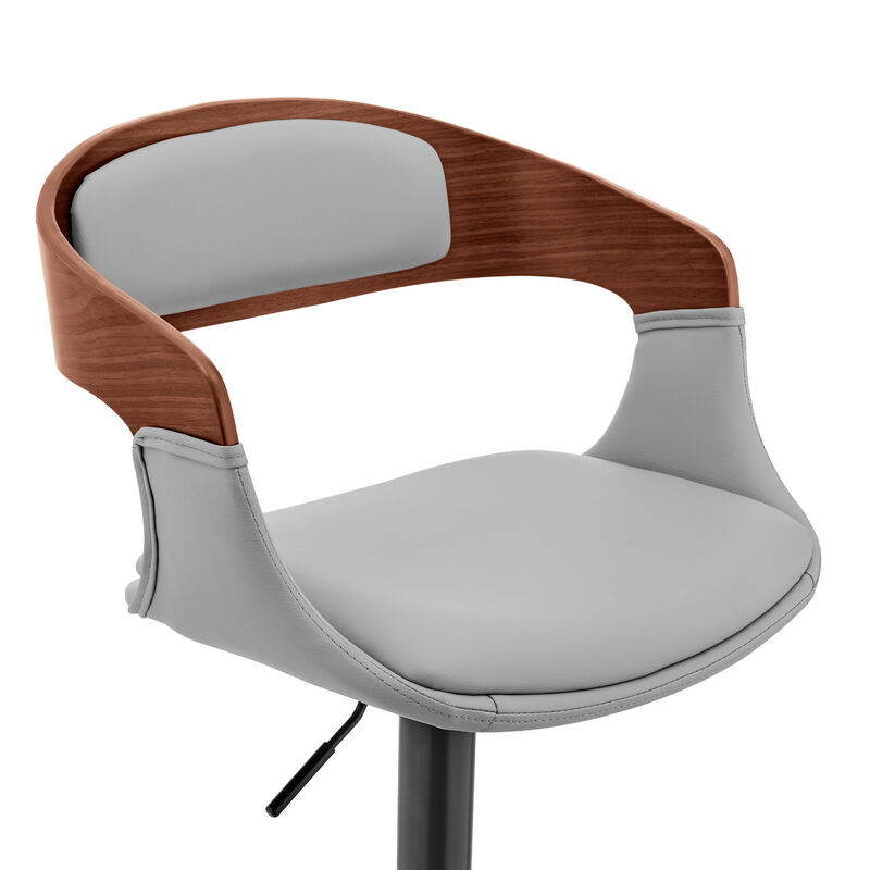 Benson Adjustable Gray Faux Leather and Walnut Wood Stool with Black Base