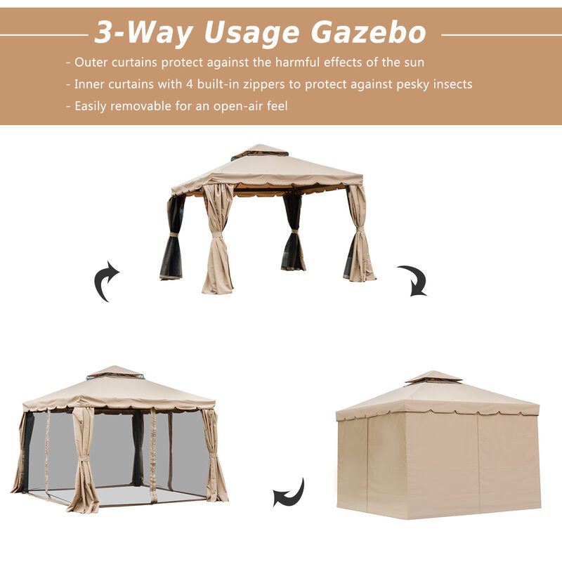 Khaki Backyard Haven: 10'x10' Gazebo with Netting & Double-Vented Roof