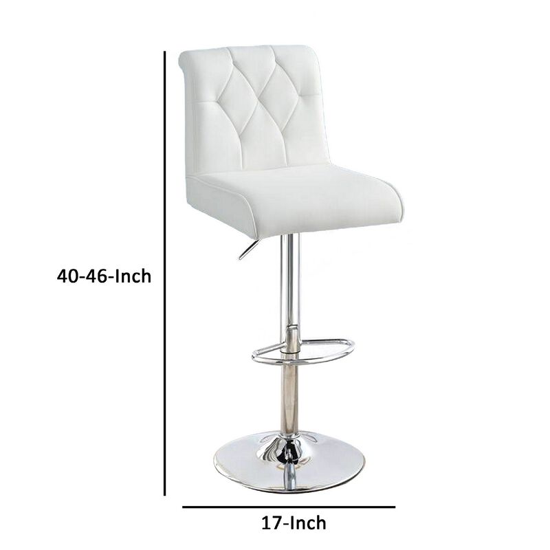 Adjustable Barstool with Rolled Button Tufted Back, Set of 2, White-Benzara