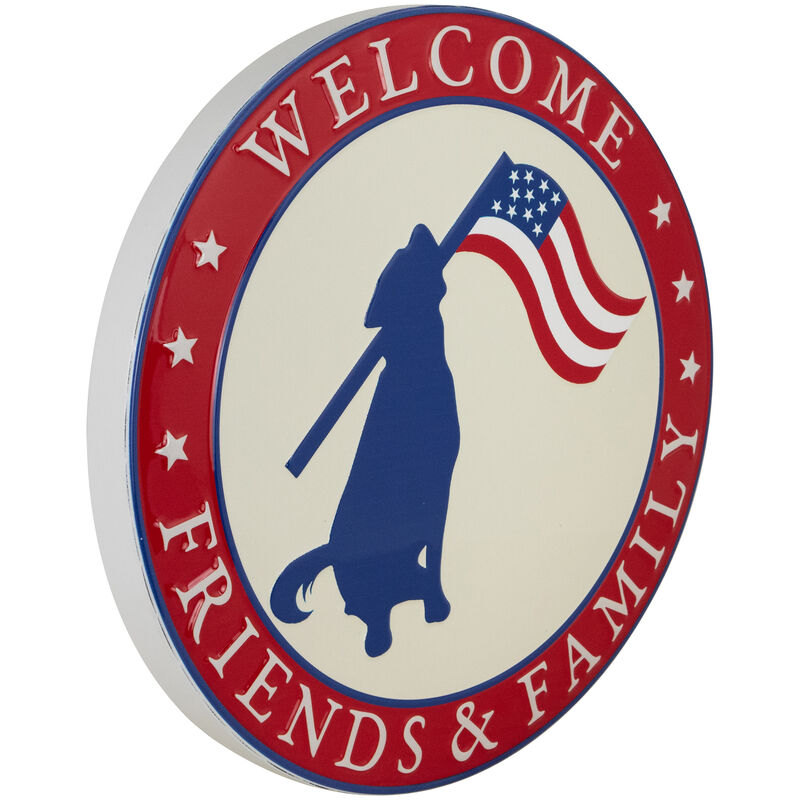 Welcome Friends and Family Patriotic Dog Metal Wall Sign - 13.75"