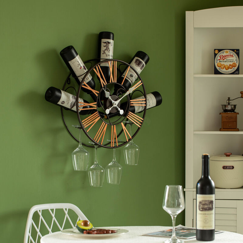 Vintiquewise Wall-Mounted Clock Design Wine Holder with Stemware Rack - Unique Shelf for Champagne, White & Red Wine Organizer with 4 Glass Holders, Wine Bottle Display for Home, Kitchen and Bar Decor