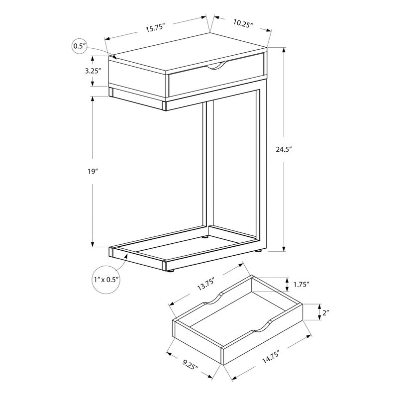 Monarch Specialties I 3373 Accent Table, C-shaped, End, Side, Snack, Storage Drawer, Living Room, Bedroom, Metal, Laminate, Grey, Chrome, Contemporary, Modern