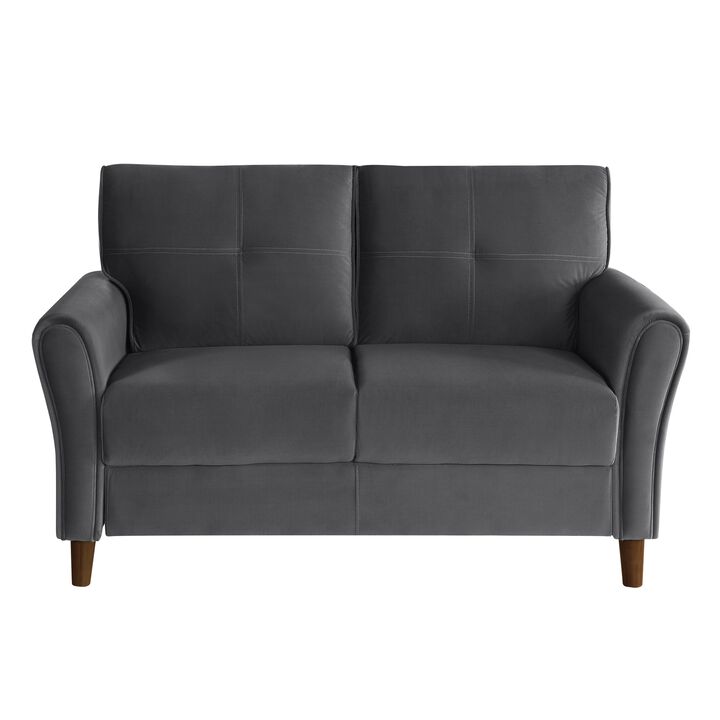 Sarah 57 Inch Loveseat, Gray Velvet, Stitch Tufting, Reversible Cushions - Benzara