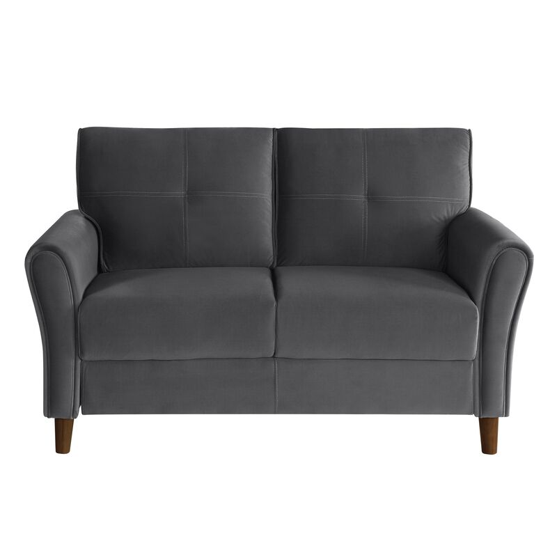 Sarah 57 Inch Loveseat, Gray Velvet, Stitch Tufting, Reversible Cushions - Benzara