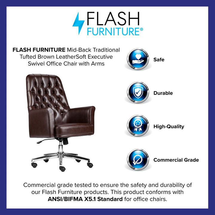Hansel Mid-Back Traditional Tufted   LeatherSoft Executive Swivel Office Chair with Arms