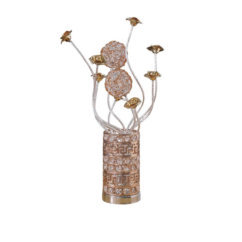 Table Lamp, Rose Bud Floral Vase, Cage Textured Gold Chrome 22 Inch  - Benzara