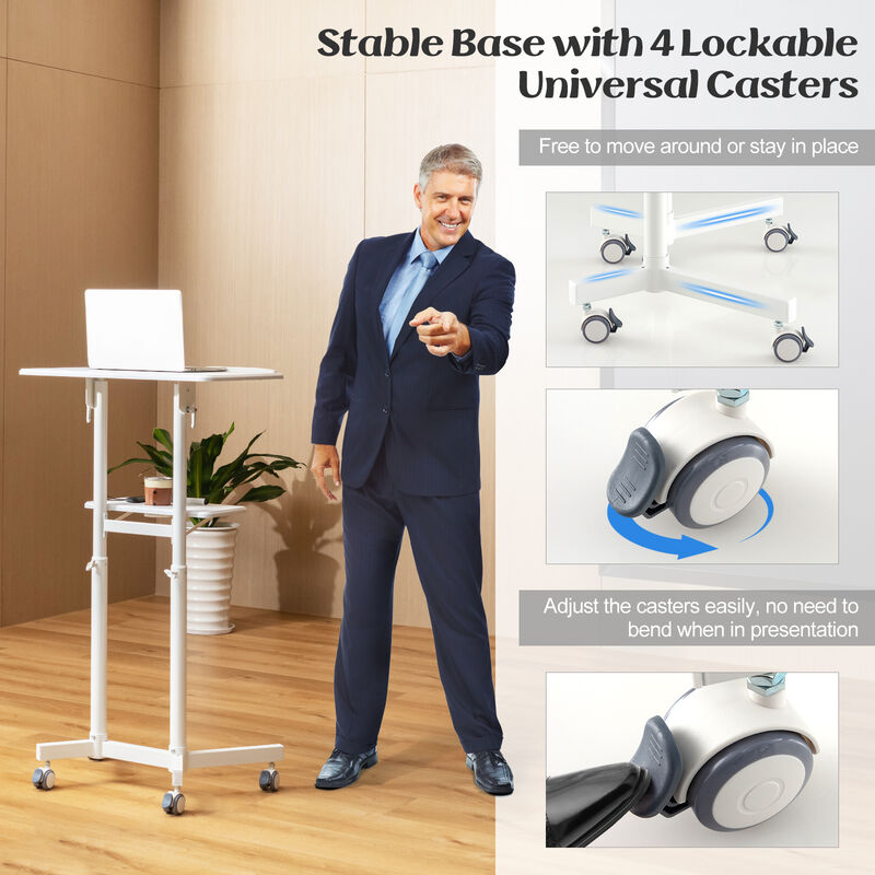 Mobile Lectern Podium Height-adjustable Rolling Laptop Cart with Tilting Top Storage Tray
