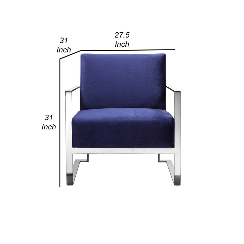 Boly 28 Inch Lounge Chair, Navy Velvet, Foam Cushions, Chrome Steel Base - Benzara